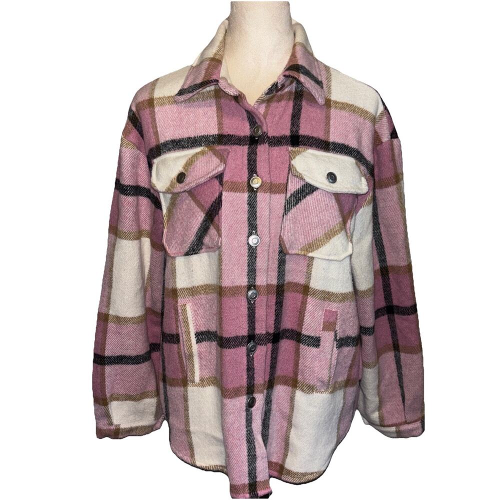FLANNEL SHIRT SHACKET button down PINK WHITE PLAID BOHO WESTERN SZ SMALL